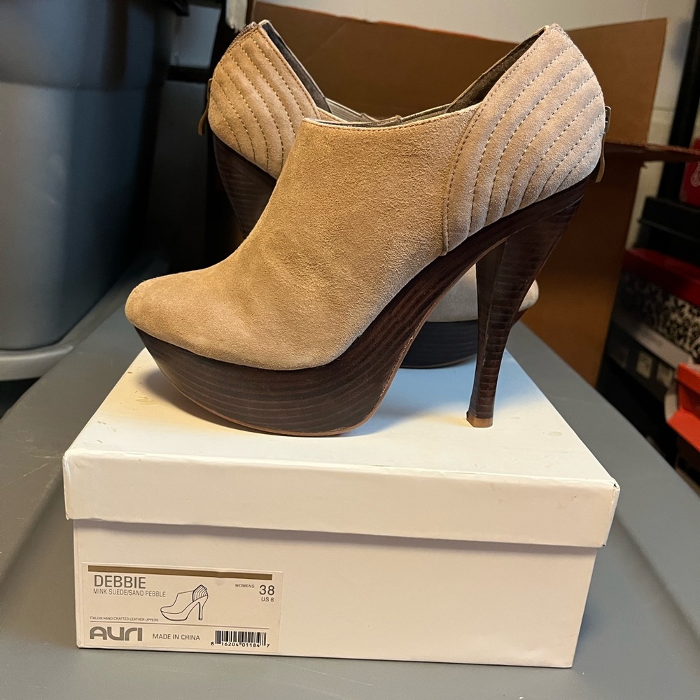 Auri Camel Suede Platform Ankle Booties with Stiletto Heel